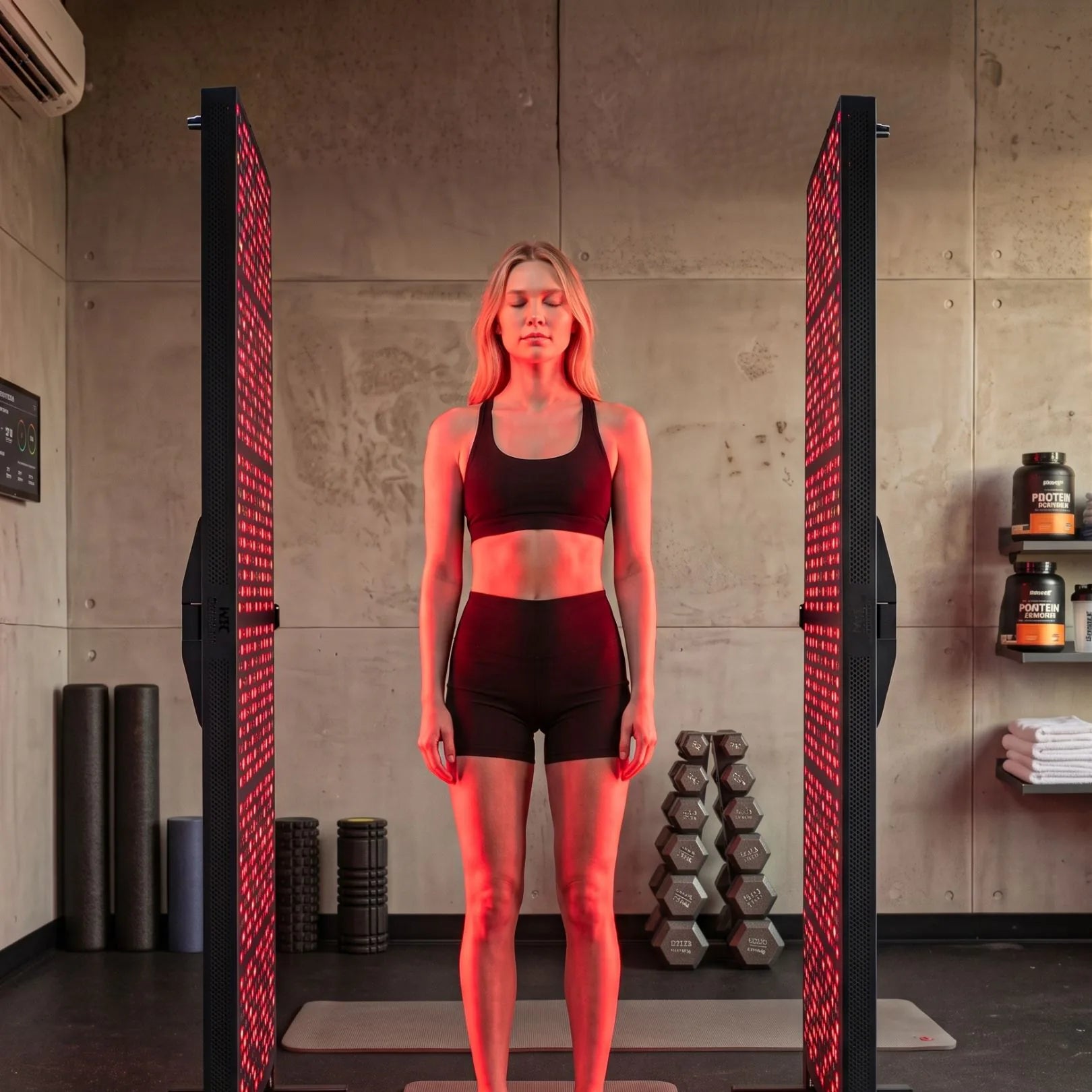 Movtech Red Light MAX 960 vörösfény terápiás panel párban használva álló helyzetben fitneszteremben