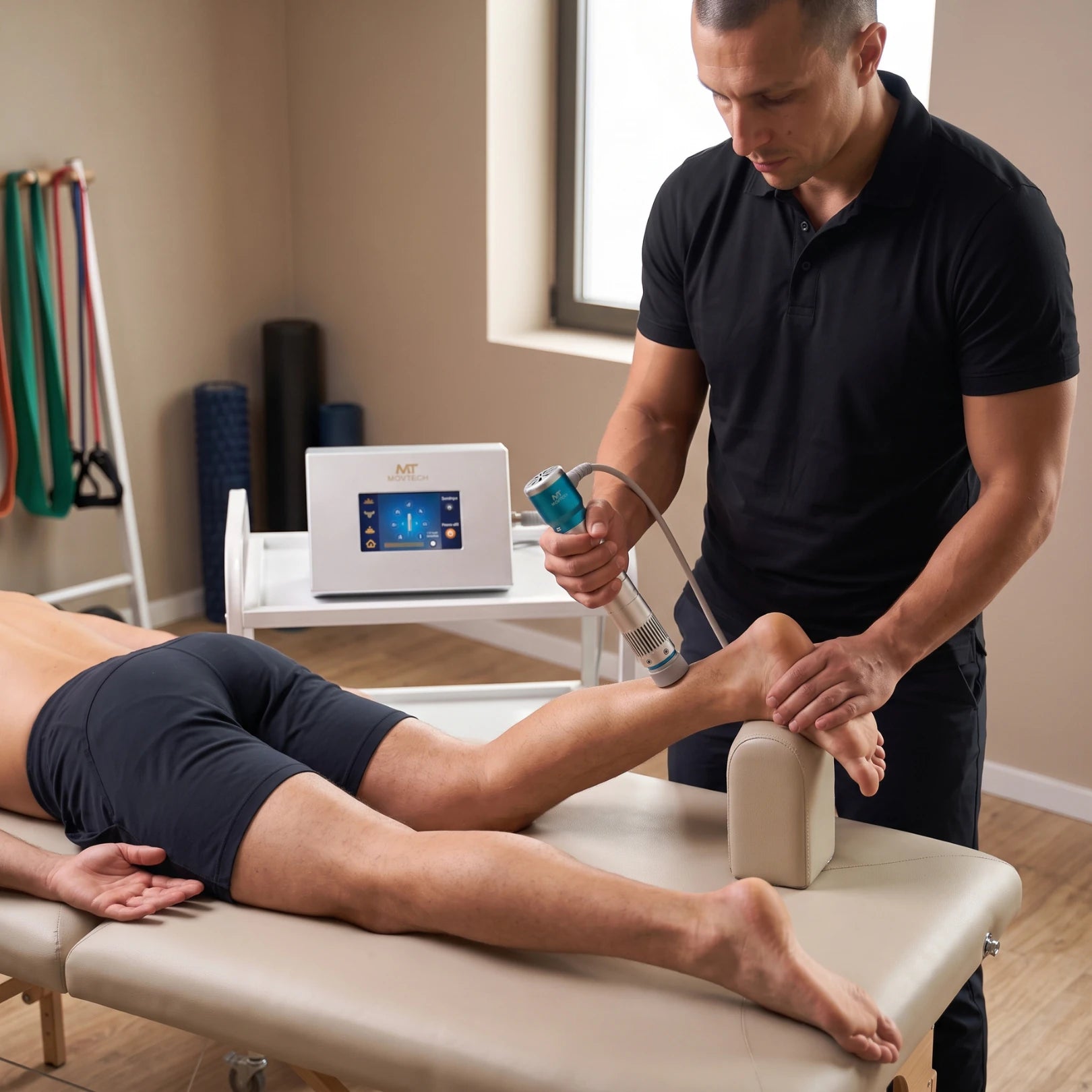 Movtech Shock Wave lökéshullám készülék, terapeuta a kezelőágyon fekvő férfi Achilles-ín területét kezeli a rendelőben