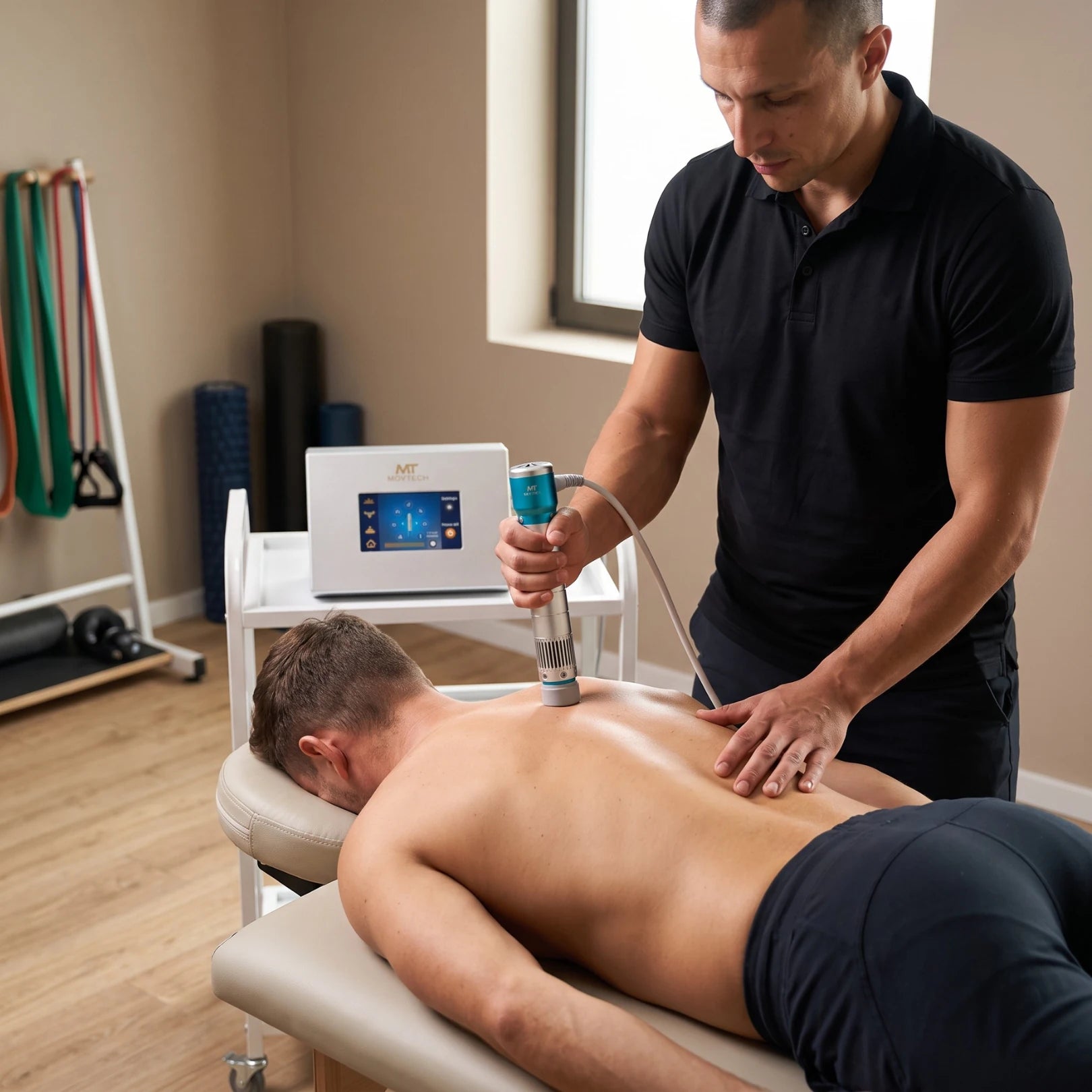 Movtech Shock Wave lökéshullám készülék, terapeuta a hason fekvő férfi hátát kezeli a rendelőben