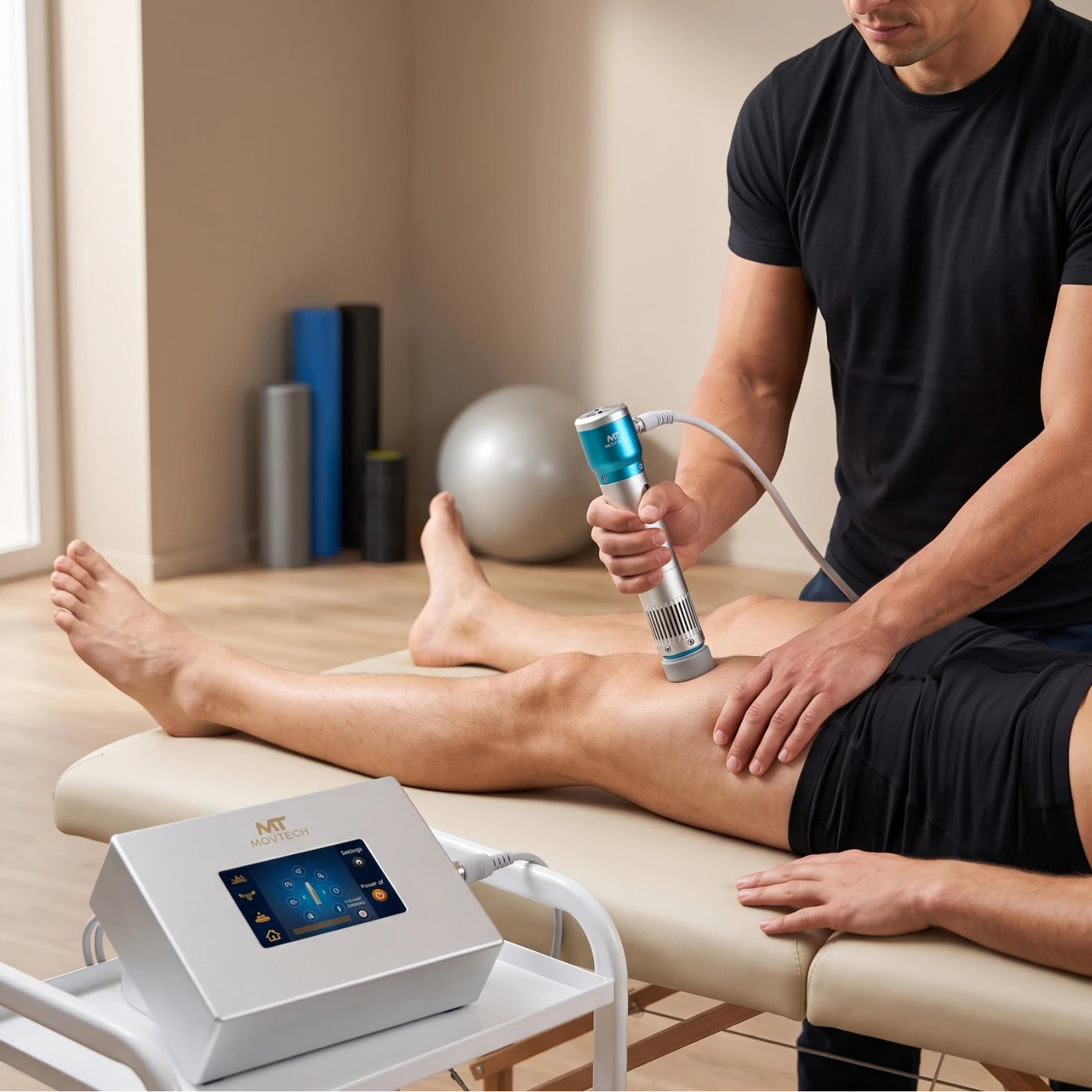 Movtech Shock Wave lökéshullám készülék, terapeuta a kinyújtott láb lábszárát kezeli a rendelőben
