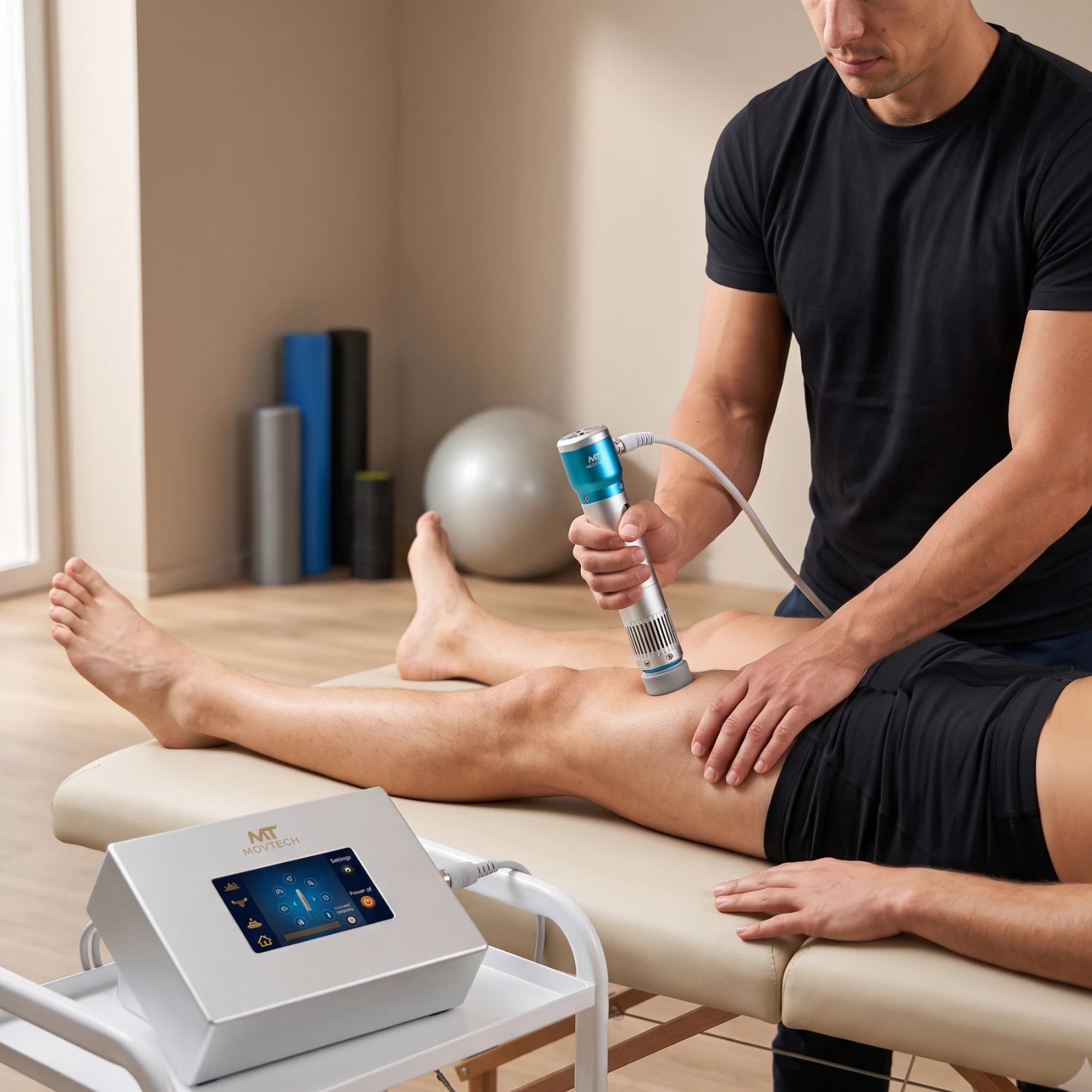 Movtech Shock Wave lökéshullám készülék, terapeuta a kinyújtott láb lábszárát kezeli a rendelőben