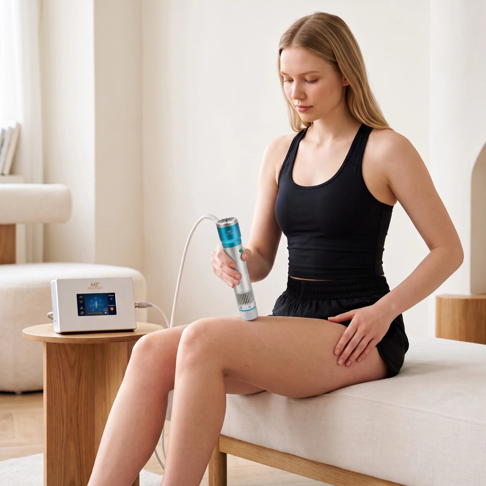 Movtech Shock Wave lökéshullám készülék, nő otthon ülve a saját combját kezeli