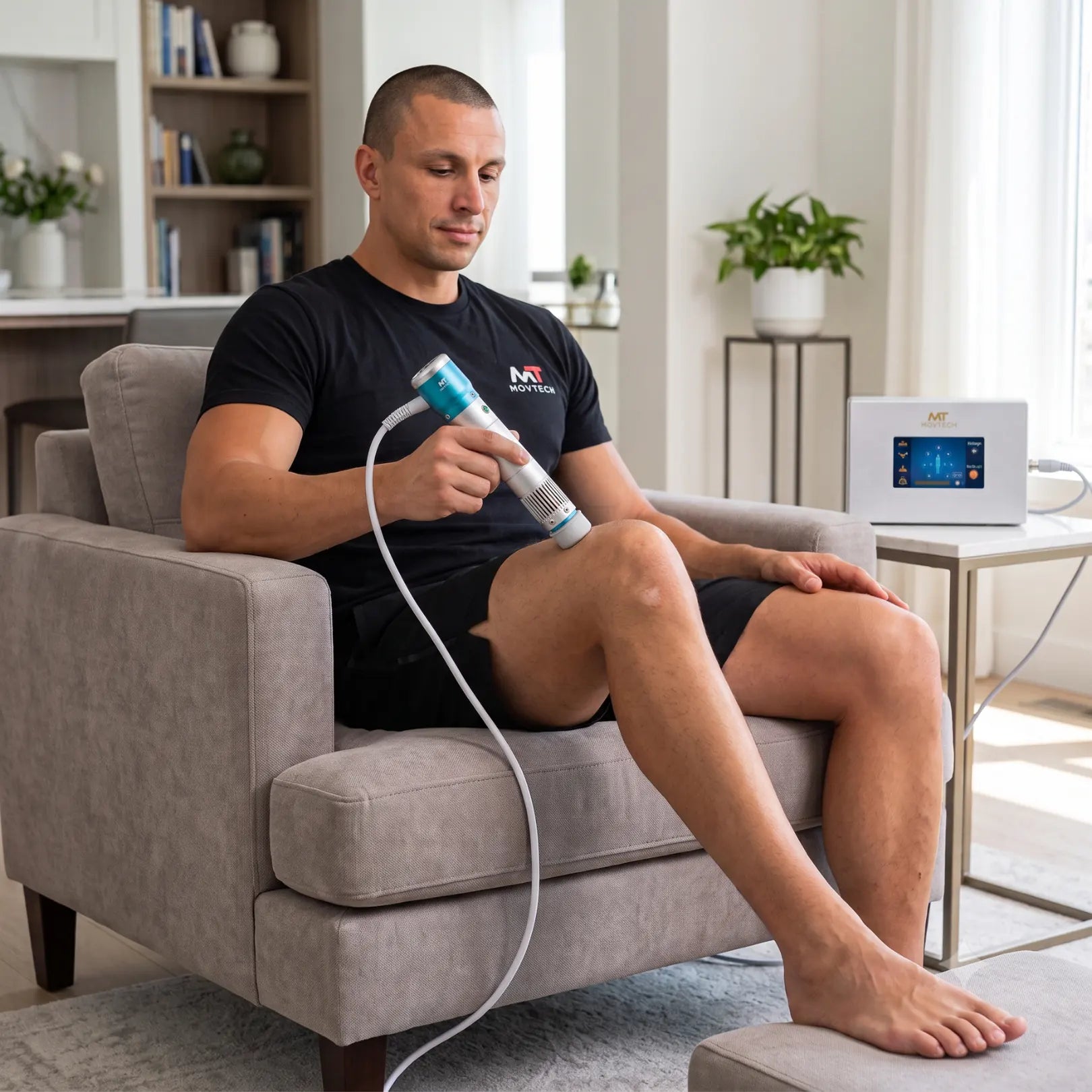 Movtech Shock Wave lökéshullám készülék, férfi otthon a fotelben ülve a térde fölötti combrészt kezeli