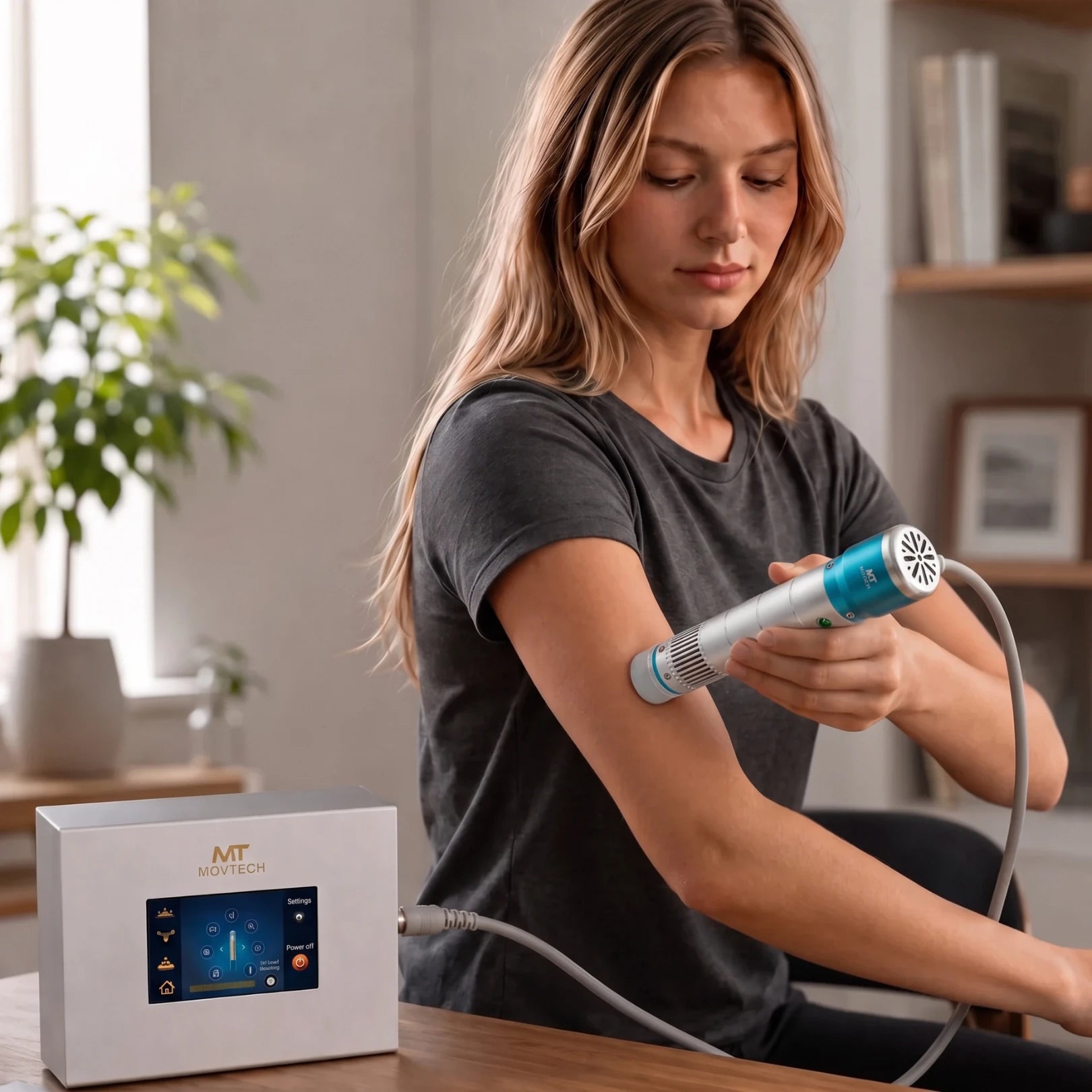 Fiatal nő Movtech Shock Wave Standard lökéshullám készülékkel kezeli a karját otthon