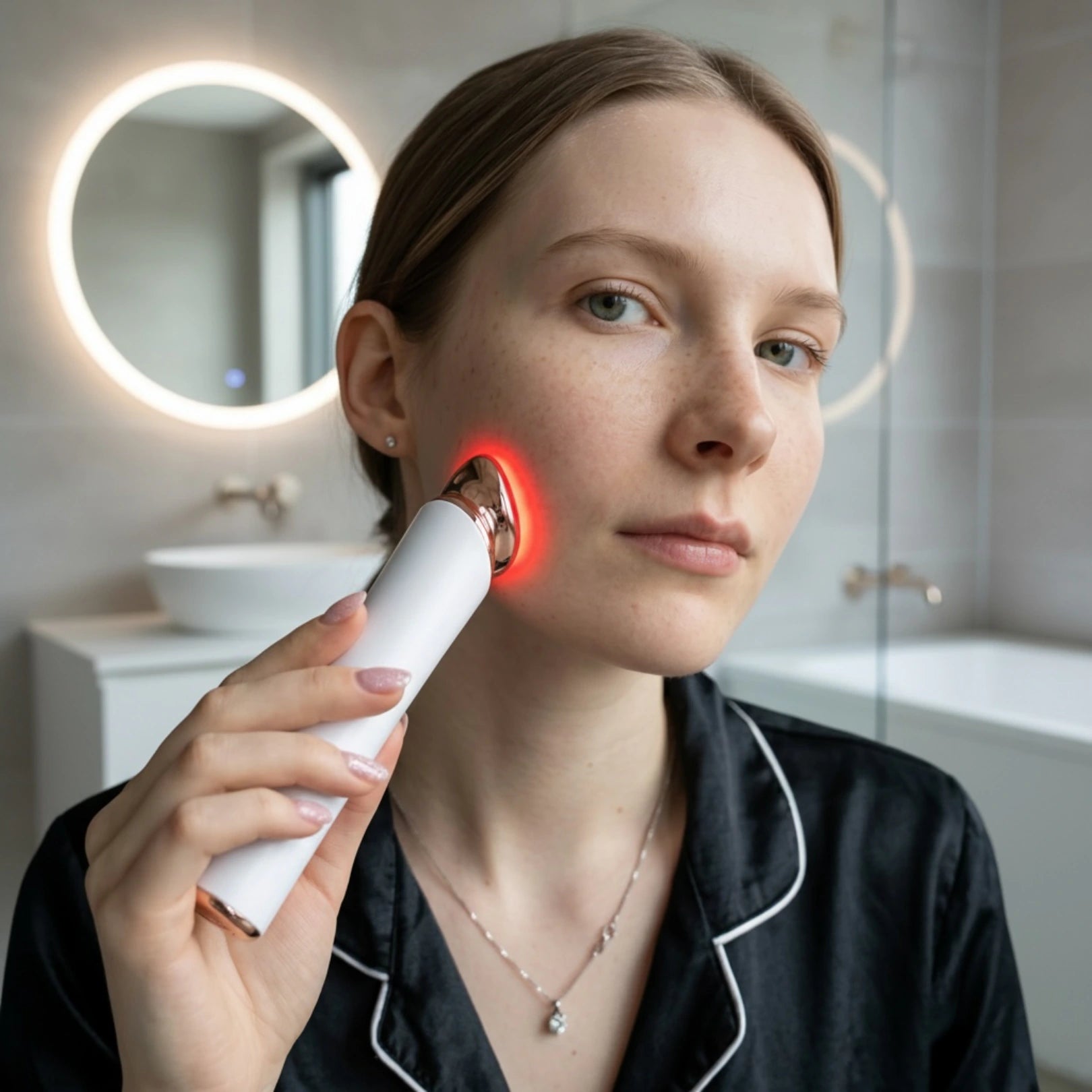 Movtech SkinGlow vörösfényes arcápoló készülék használata a fürdőszobai tükör előtt