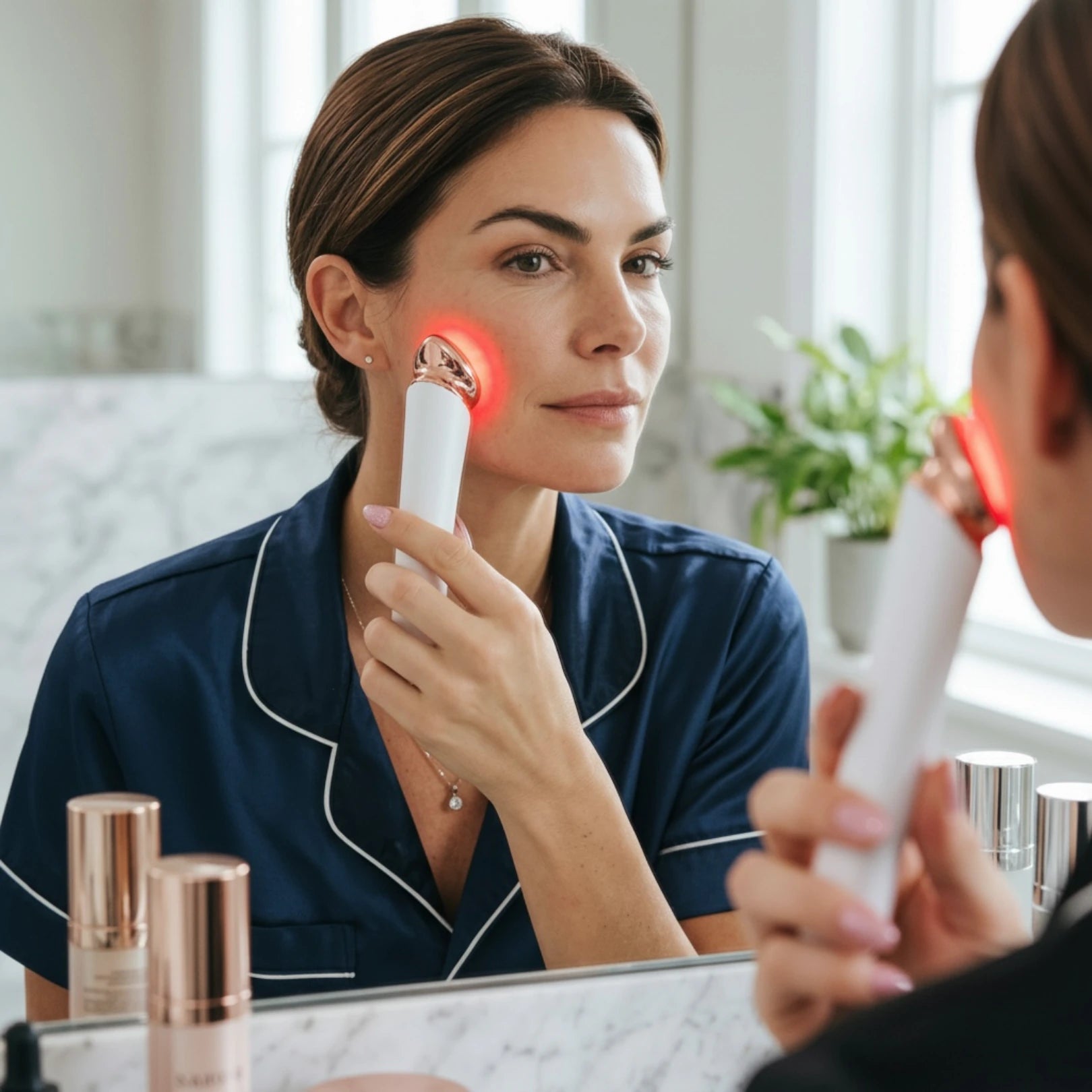 Movtech SkinGlow vörösfényes arcápoló készülék használata a tükör előtt, az arccsonton