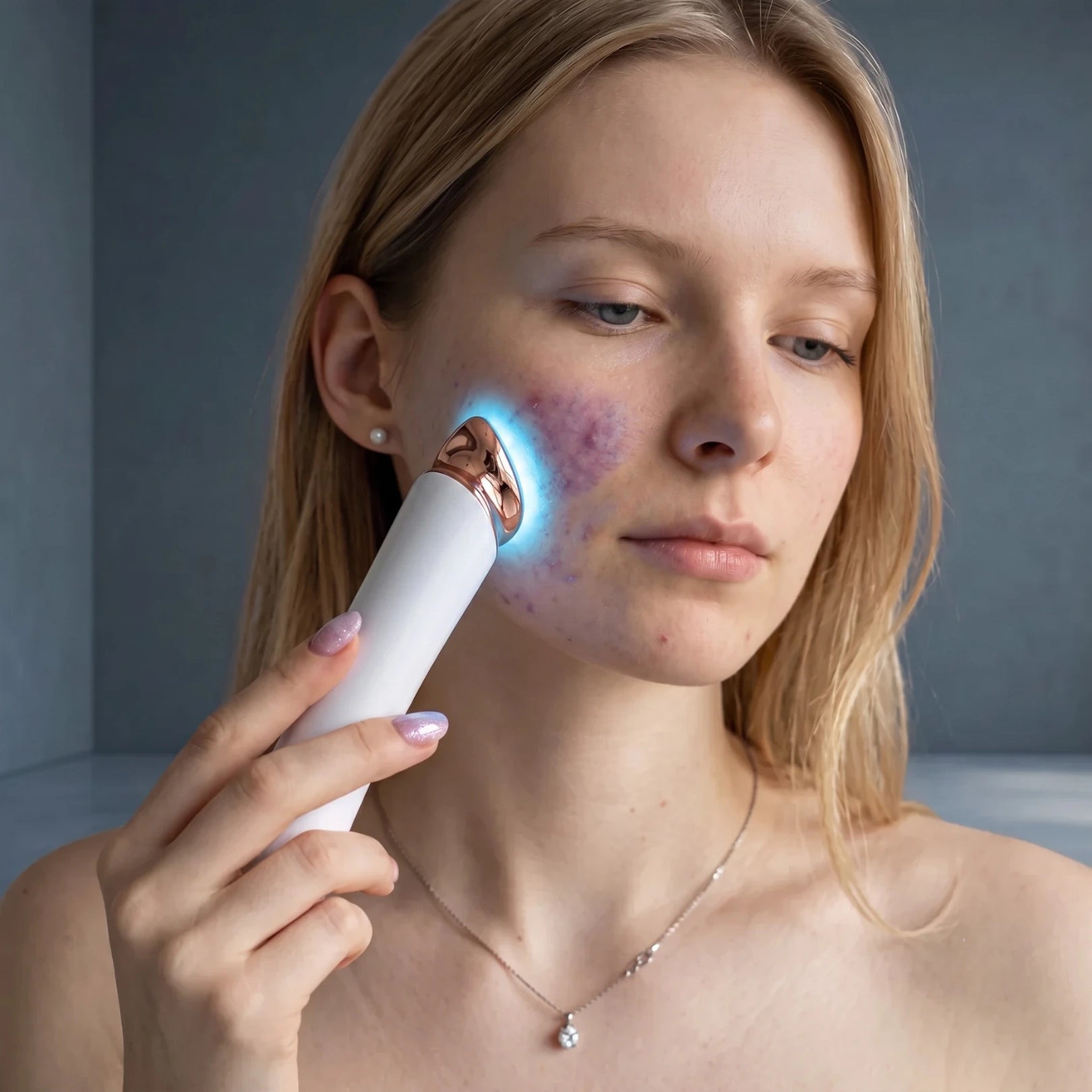 Movtech SkinGlow arcápoló készülék használata az arcon kék fénymóddal