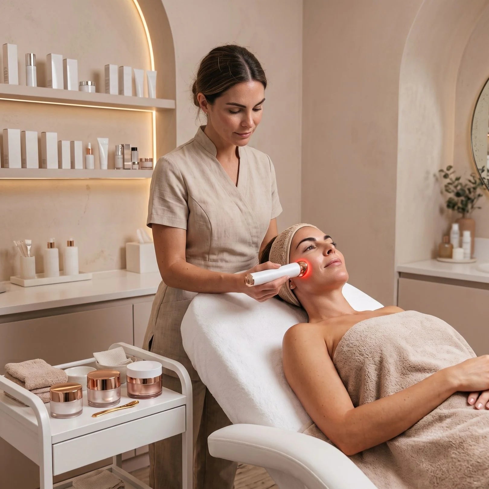 Movtech SkinGlow arcápoló készülék használata szalonban kozmetikai arckezelés közben vörös fénnyel
