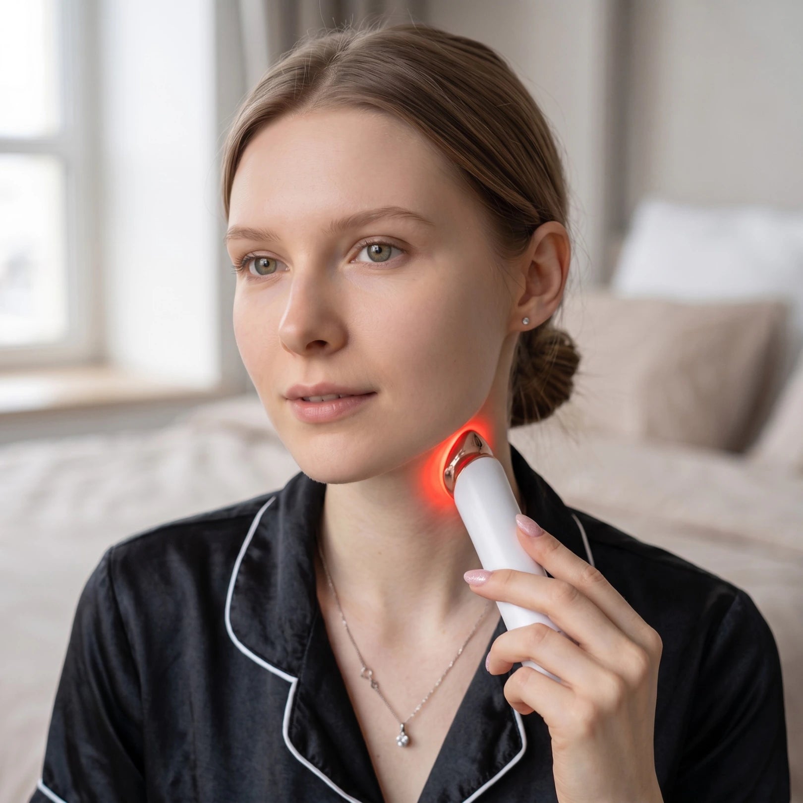 Movtech SkinGlow arcápoló készülék használat közben a nyak területén vörös fénnyel