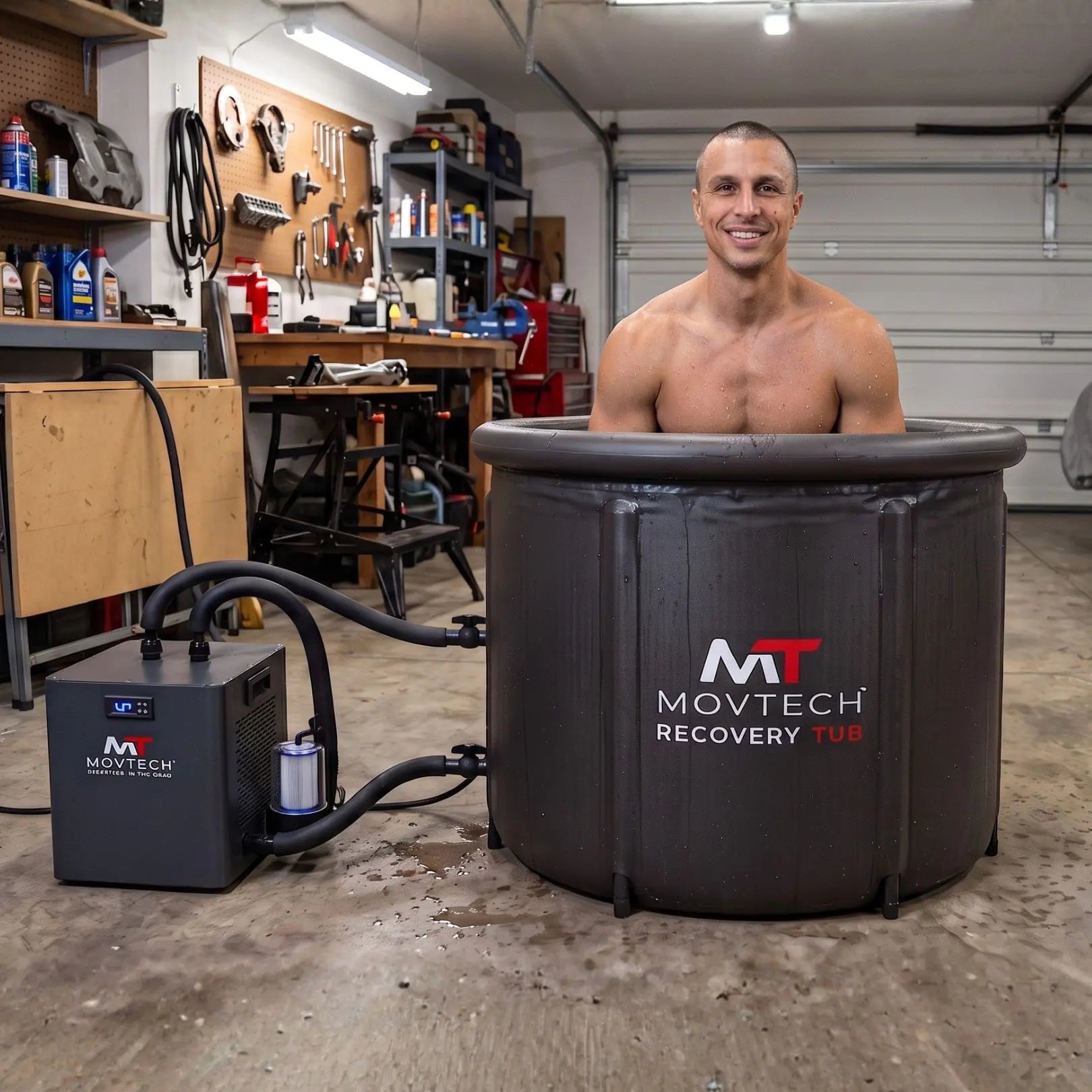 Movtech Tub Chiller jégeskád hűtőberendezés használat közben a Recovery Tub jeges merülőkáddal garázsban
